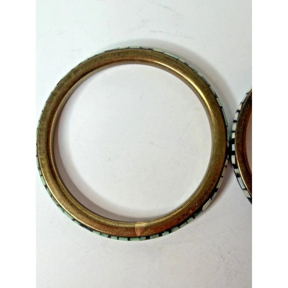 Mosaic Inlay Stone Tile Bangle Bracelet Pair Brass Tone Green Cream Southwestern